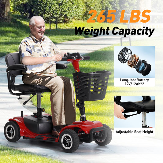 An elderly man riding a mobility scooter in the park. Weight capacity 265 lbs. Seat height adjustable.