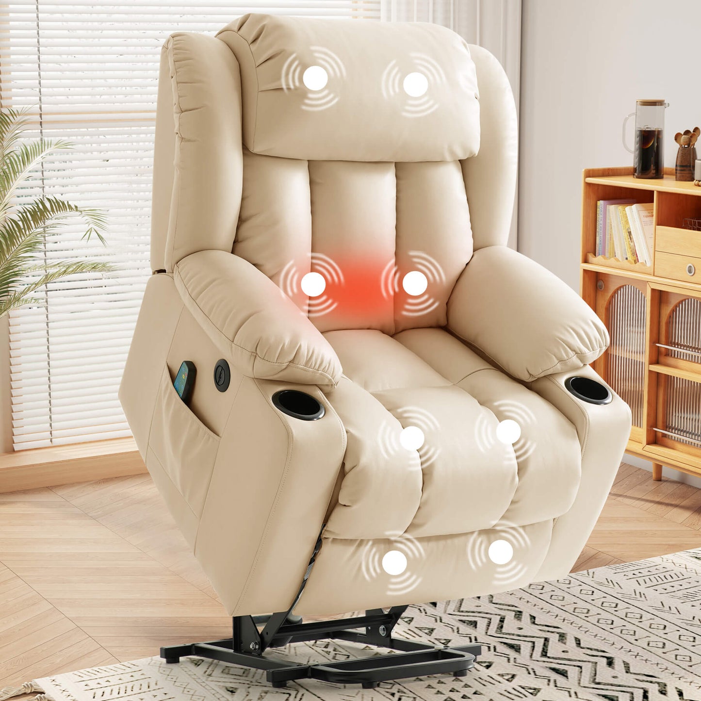 Luxury electric lift recliner chair for seniors with vibration massage and lumbar heating, beige faux leather covered. With cup holders.