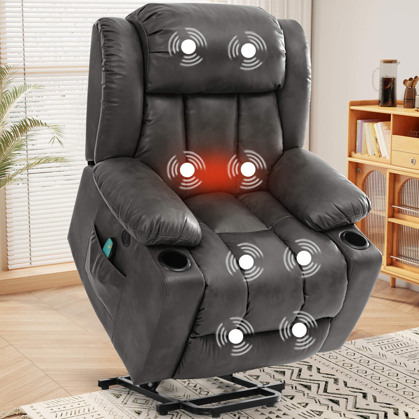 Luxury electric lift recliner chair for seniors with vibration massage and lumbar heating, gray faux leather covered. With cup holders.