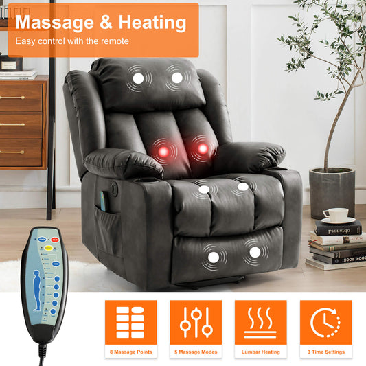 Electric recliner chair with massage and heating function to relax the body, operated by remote control.