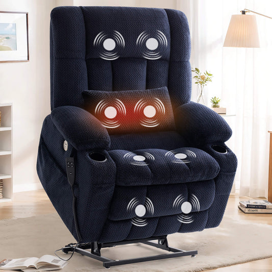 Extra wide seat lift recliner with vibration massage and lumbar heating, first choice chair for living room.