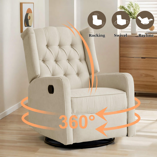 Swivel recliner nursery chair with 360° swivel, 30° rocking, 150° reclining.
