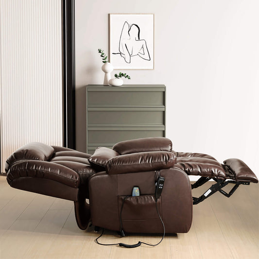 Brown leather recliner lies flat in the room.