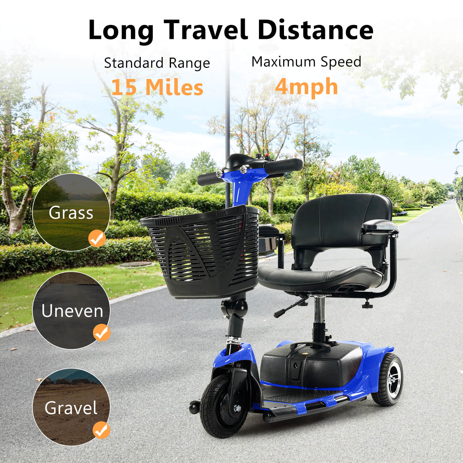 3 Wheel Mobility Scooter, Electric Senior Scooters, Foldable and Compact for Adult Travel, Blue