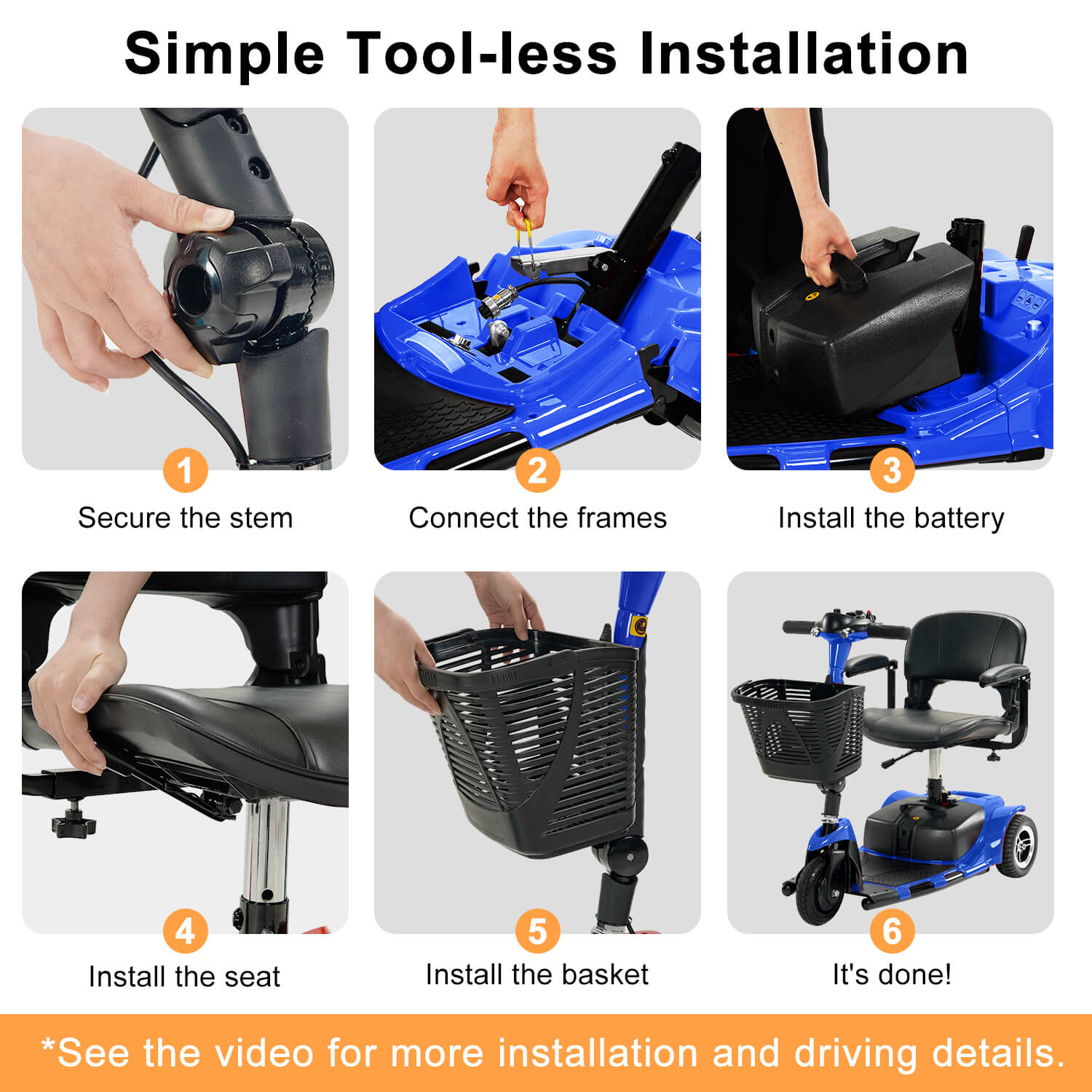 3 Wheel Mobility Scooter, Electric Senior Scooters, Foldable and Compact for Adult Travel, Blue