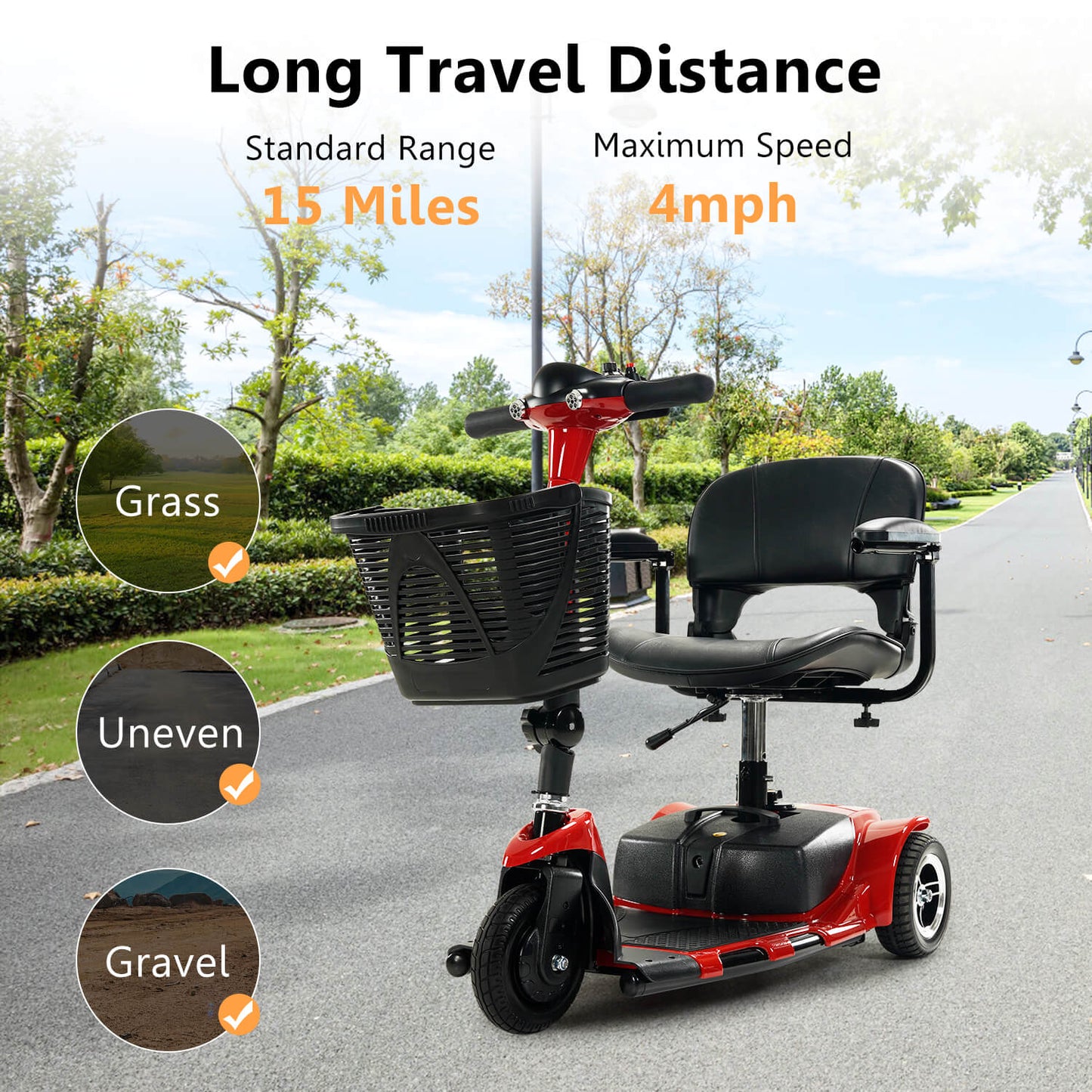 3 Wheel Mobility Scooter, Electric Senior Scooters, Foldable and Compact for Adult Travel, Red