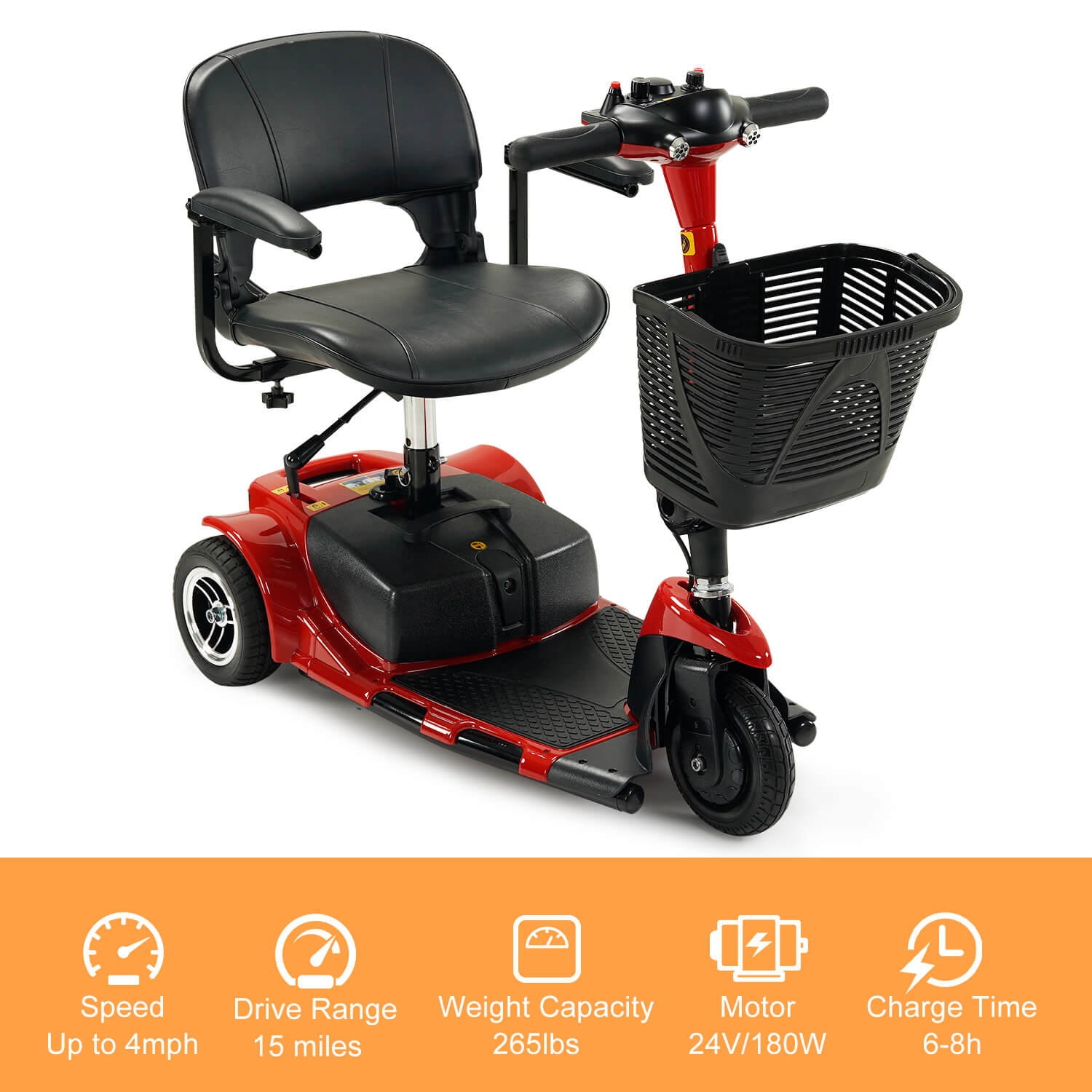 3 Wheel Mobility Scooter, Electric Senior Scooters, Foldable and Compact for Adult Travel, Red