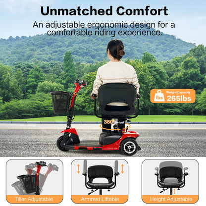 3 Wheel Mobility Scooter, Electric Senior Scooters, Foldable and Compact for Adult Travel, Red