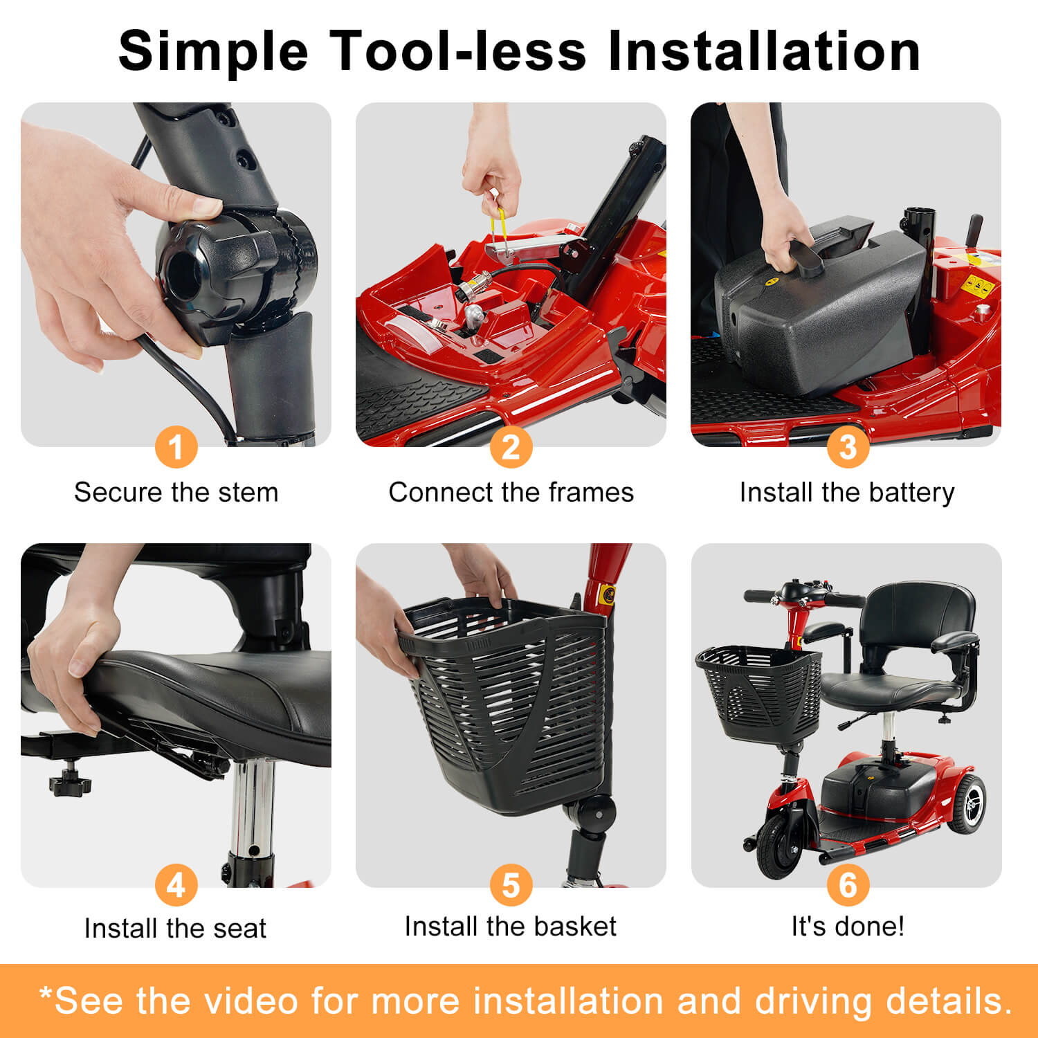 3 Wheel Mobility Scooter, Electric Senior Scooters, Foldable and Compact for Adult Travel, Red