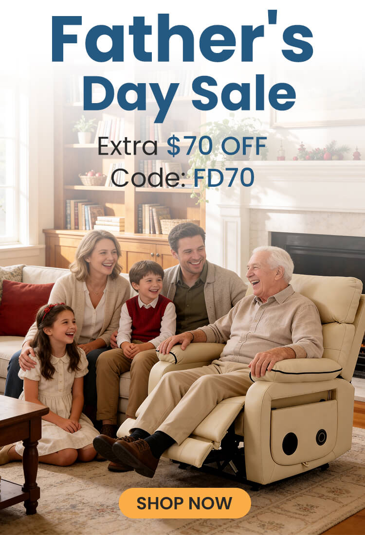 Family gathered around a recliner chair with Father's Day sale text and promotional code.
