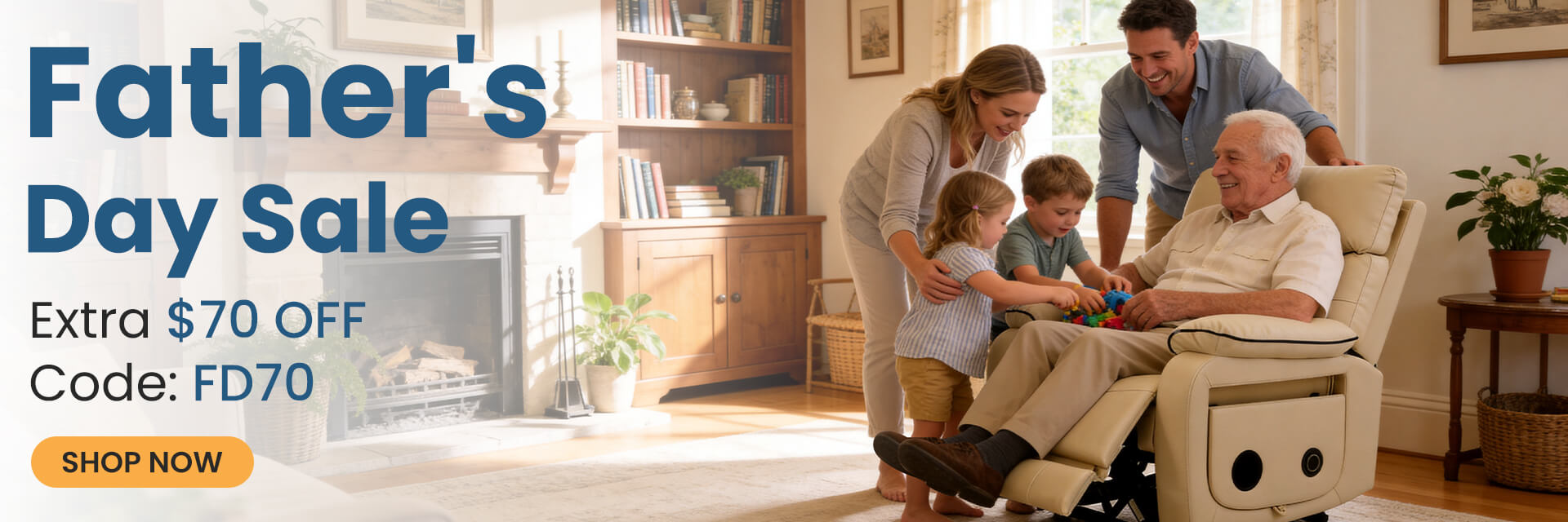 Family gathered in a living room with a Father's Day sale advertisement overlay.