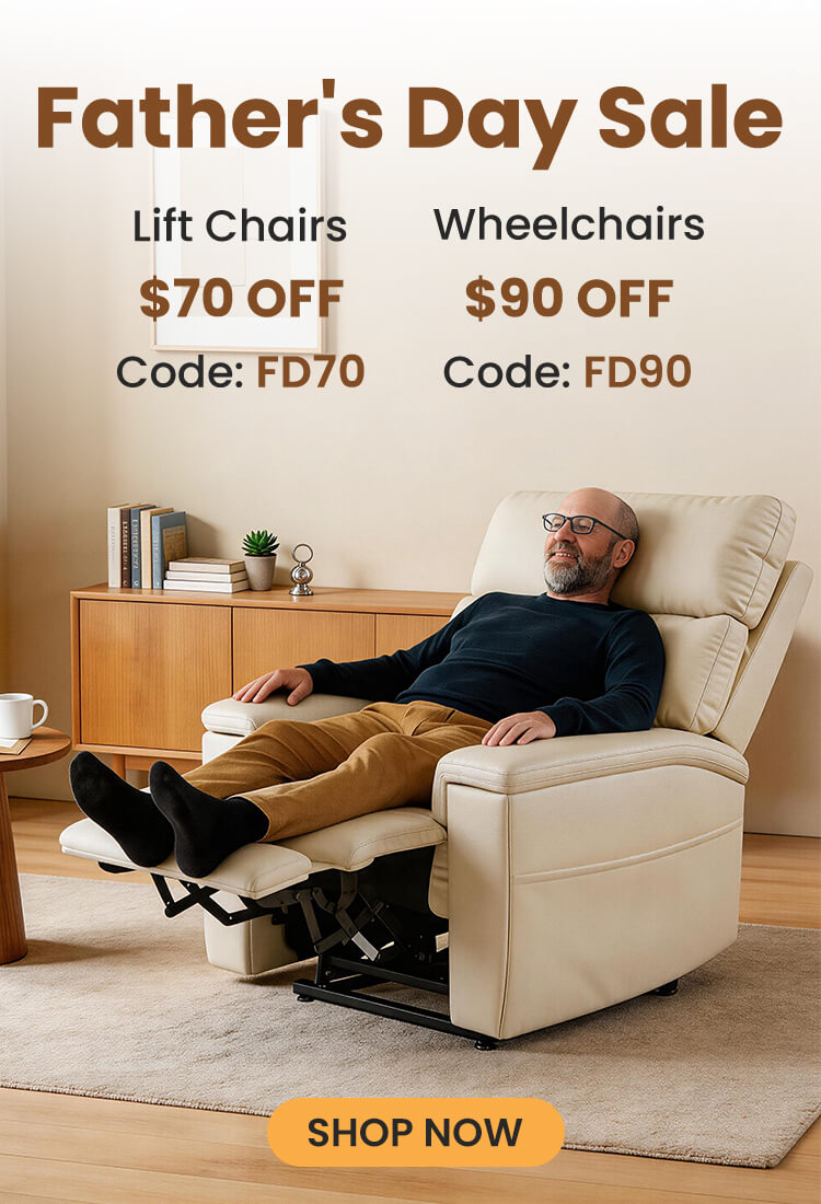 Man relaxing in a lift chair with Father's Day sale text and codes.
