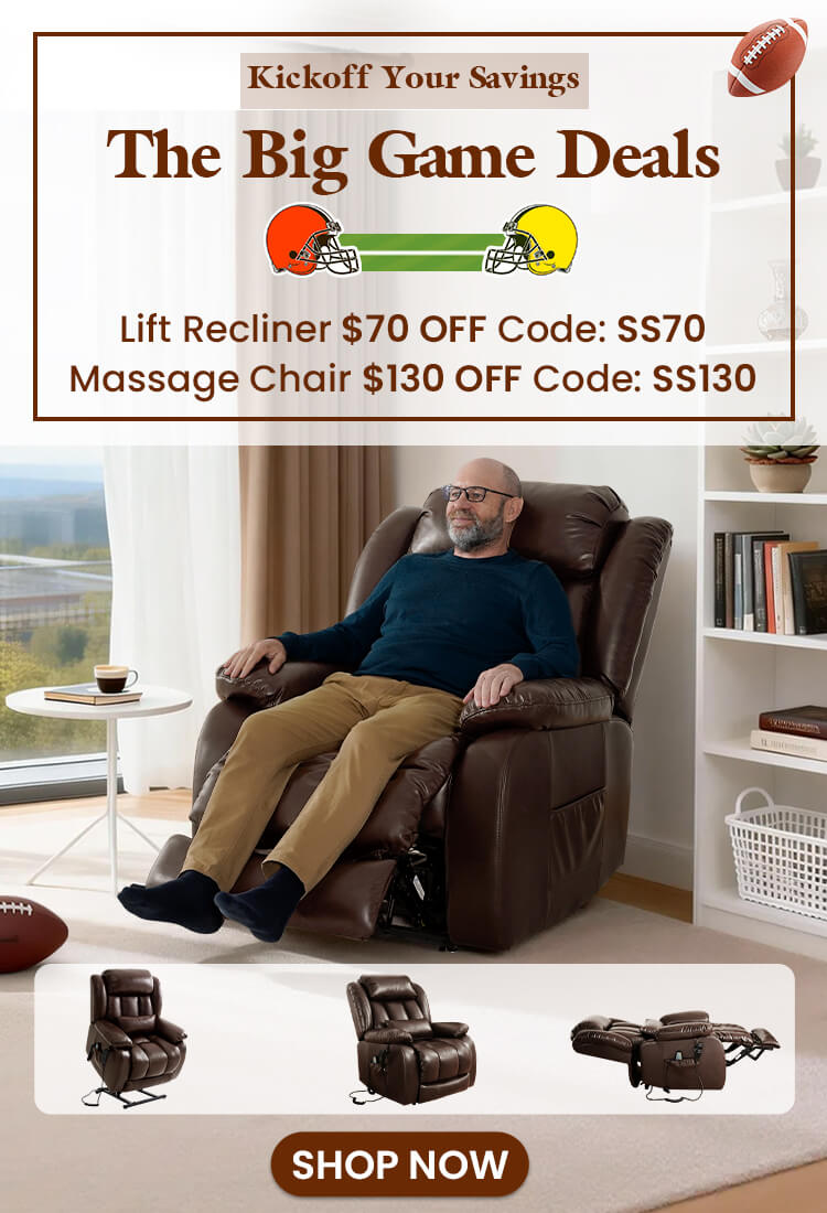 Man sitting in a powe lift recliner chair with promotional text for 'The Big Game Deals' on a home setting.