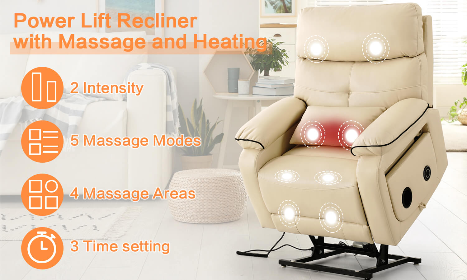 The power lift recliner with massage and heating, 2 intensity, 5 massage models, 4 massage areas, 3 time setting.