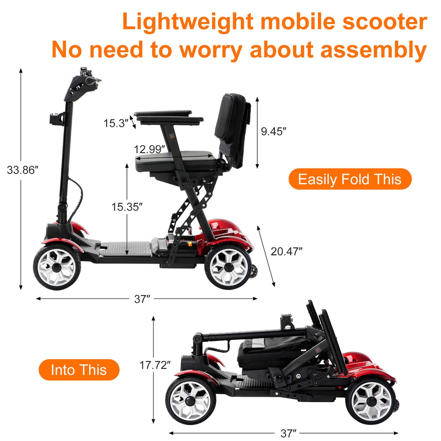 25-Mile All-Terrain Power Mobility Scooter for Seniors with 300lbs Capacity & 3-Second Fold, Ultralight 45lbs