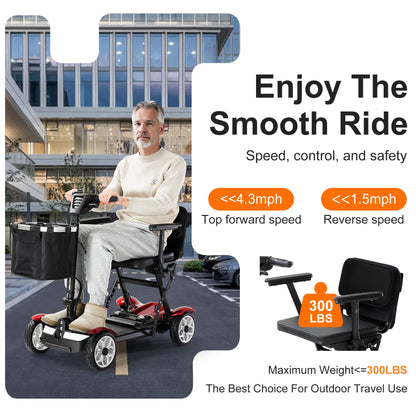 25-Mile All-Terrain Power Mobility Scooter for Seniors with 300lbs Capacity & 3-Second Fold, Ultralight 45lbs