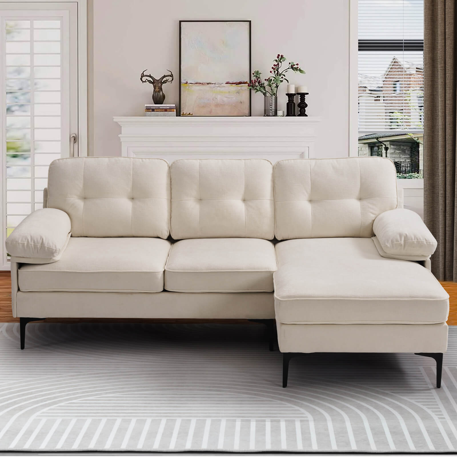 Asjmreye Sectional Sofa L-Shape Couch with Chaise Chenille Fabric Beige