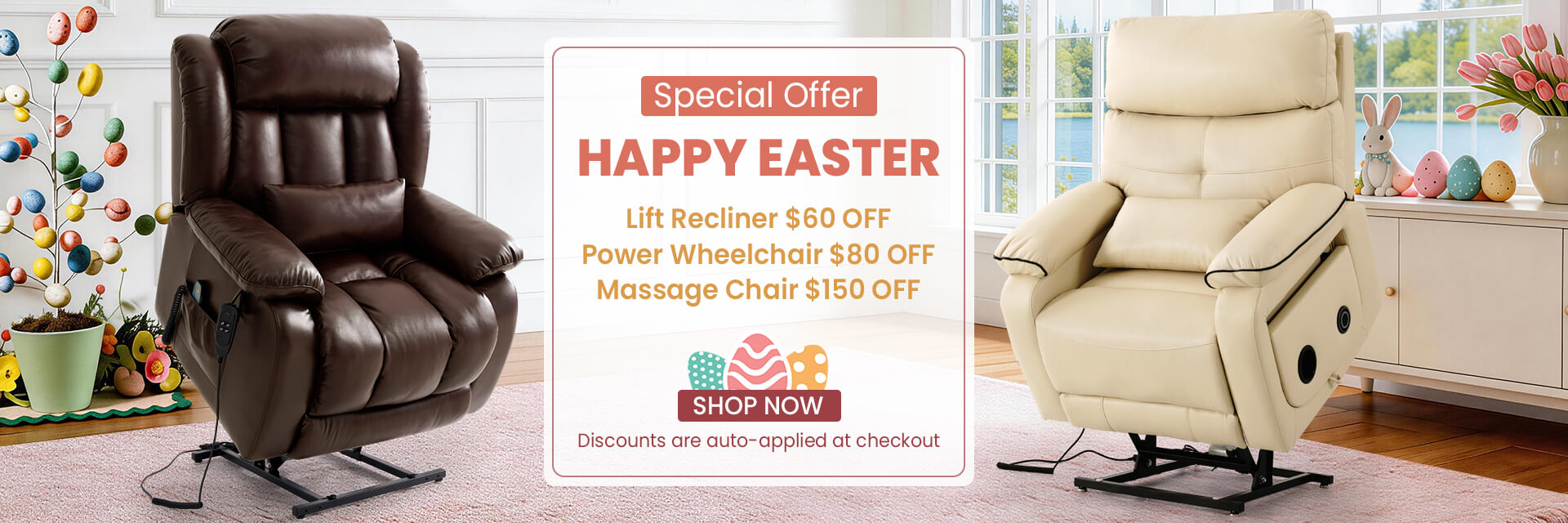 Two recliner chairs with a special Easter offer on a white background.