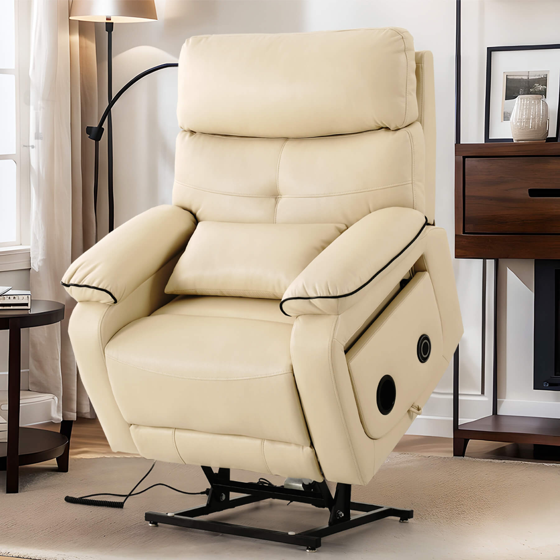 Asjmreye beige power lift recliner chair in uplifted position.