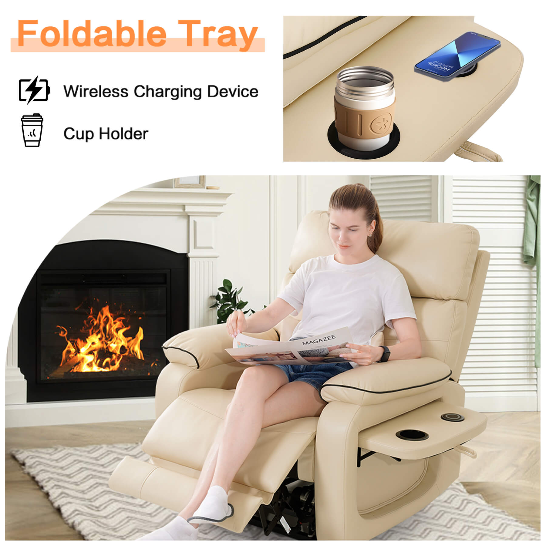 A lady sits on the recliner chair and reads a magazine. The foldable side table holds drinks and provides wireless charging for cell phones.