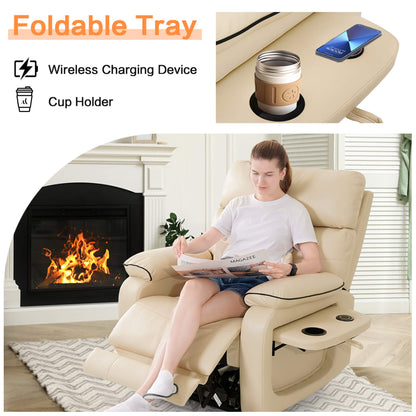 A lady sits on the recliner chair and reads a magazine. The foldable side table holds drinks and provides wireless charging for cell phones.