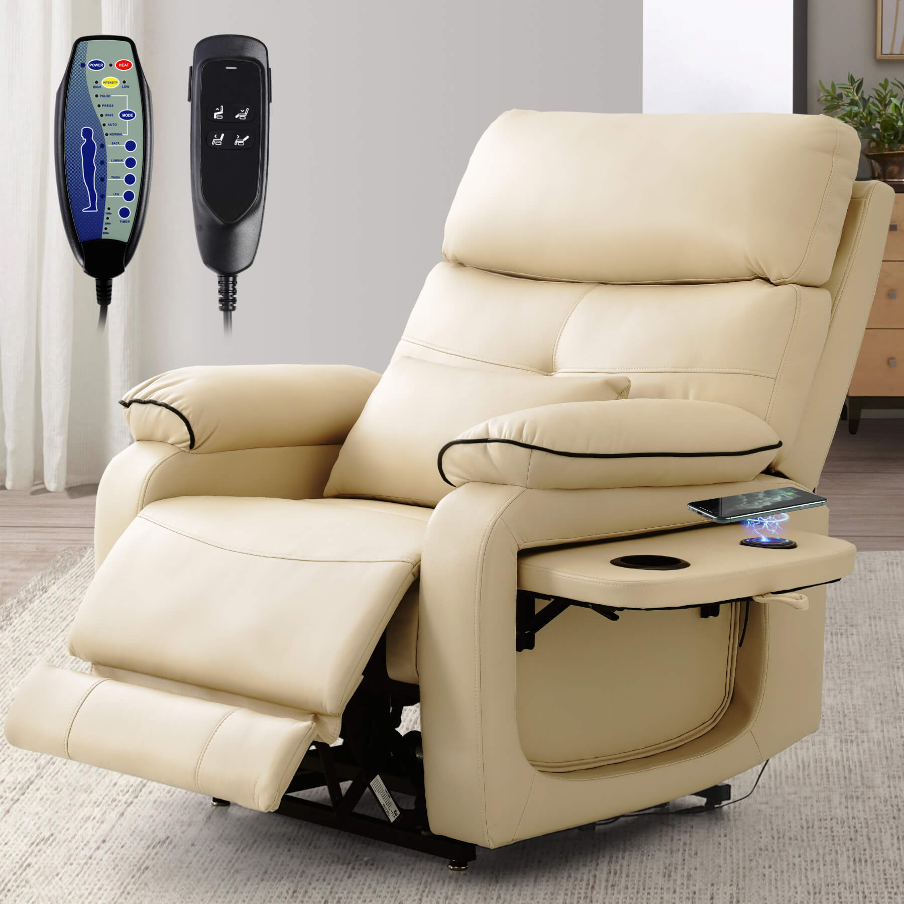 All the functions of the power lift chair are operated with the remote control. And the table on the left side can be pulled out to put drinks and charge your cell phone.
