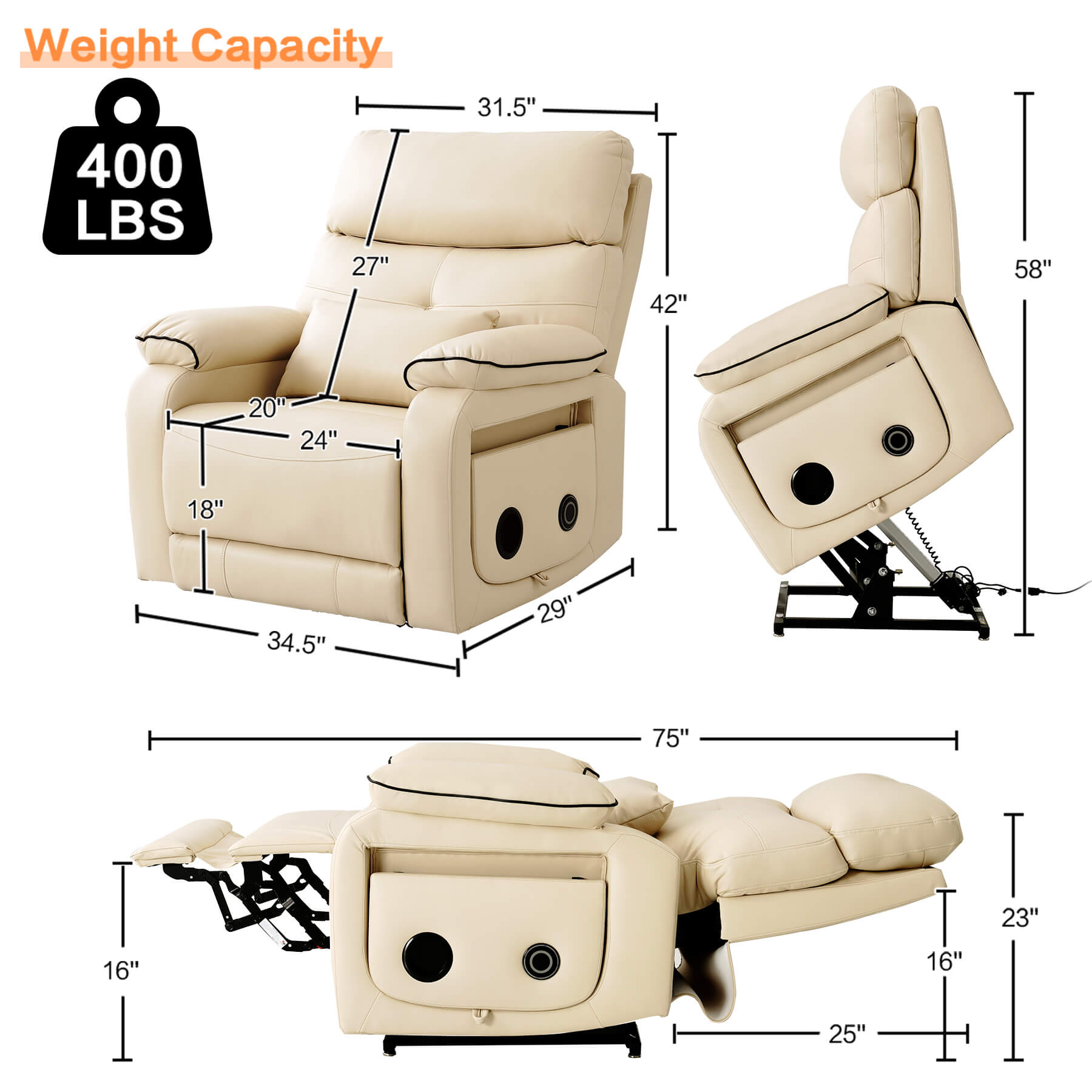 Infinite Position Power Lift Chair with Wireless Charging Station, Beige. Overall dimensions: 34.5 x 29 x 42 inches. Weight capacity: 400 lbs.