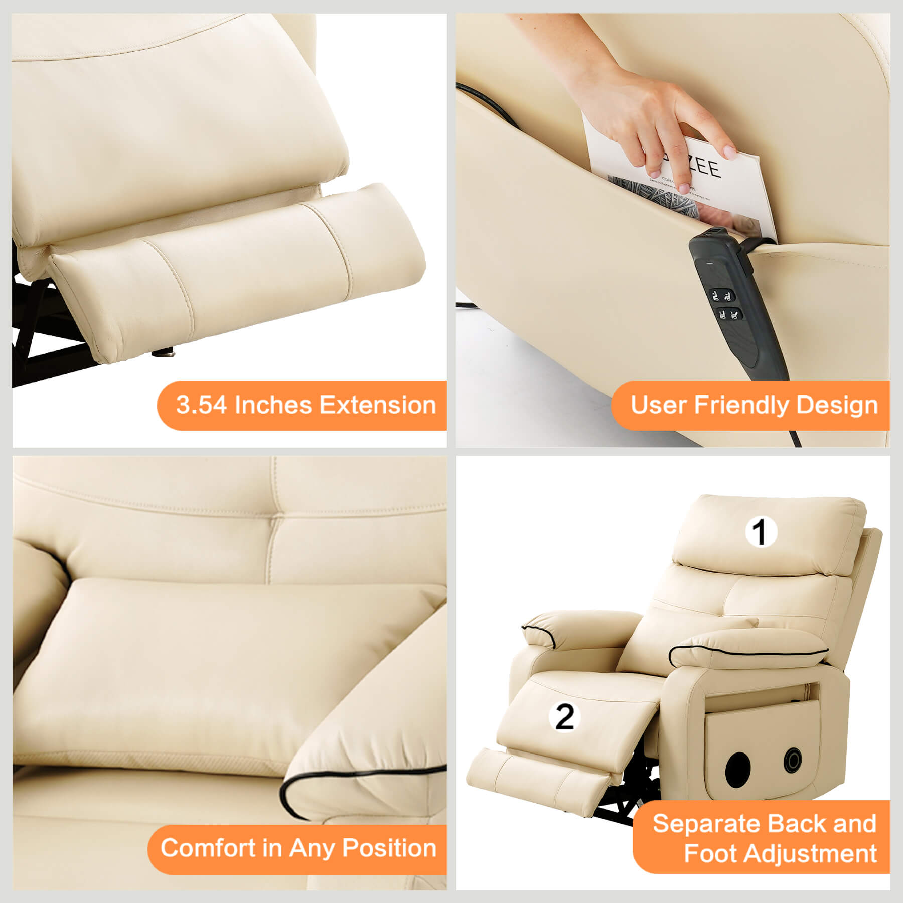 Details showcase of beige recliner: 3.54-inch extended footrest, side pockets, thick padding, separate footrest and backrest.
