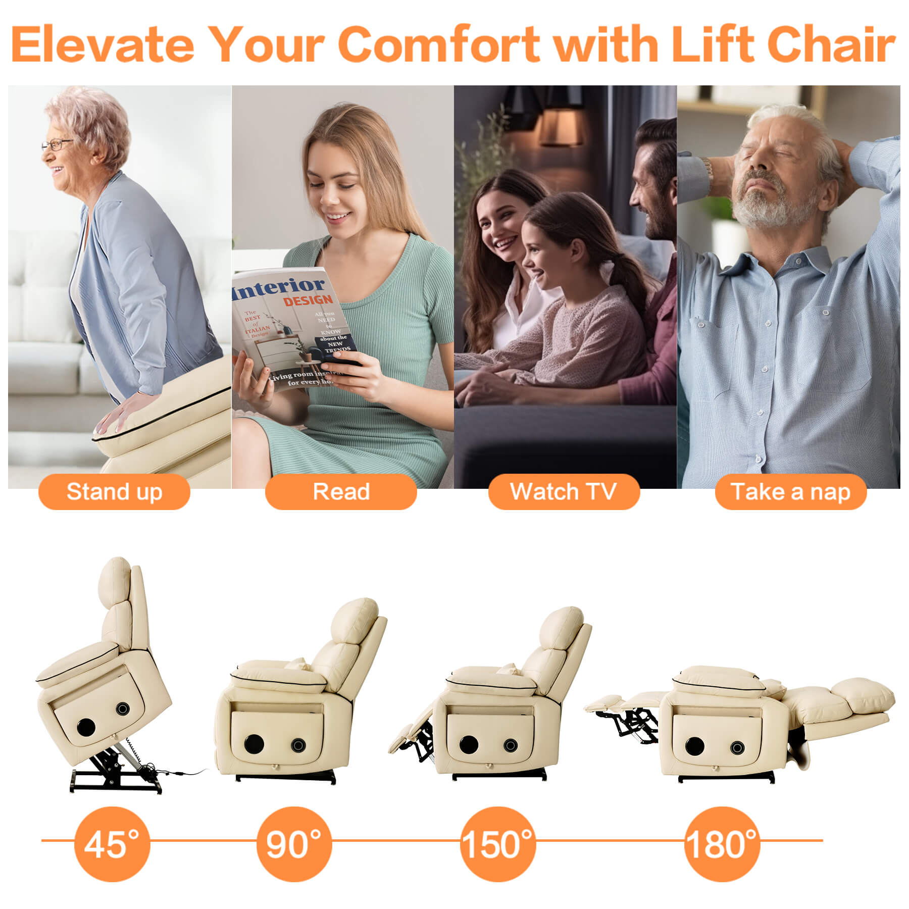 This electric lift recliner will enhance your comfort. Great for reading, watching TV or sleeping and assists with standing and lying down.