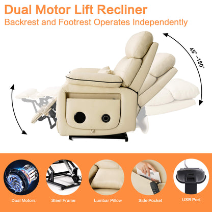 Dual motor lift recliner with independent operation of backrest and footrest. It has a lumbar pillow, side pockets and USB port.