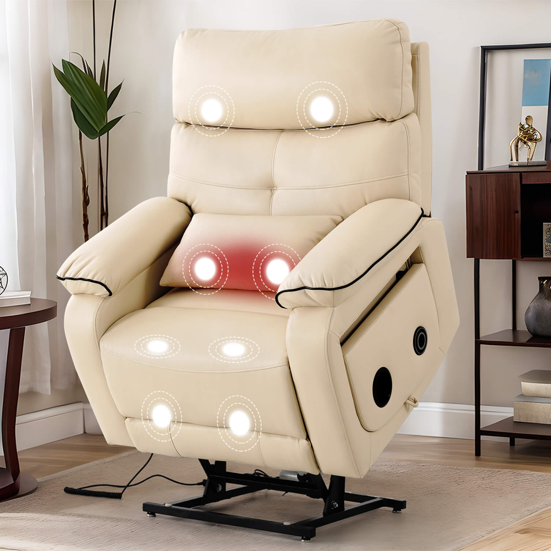 Infinite position lift recliner chair with wireless charger and cup holder, vibration massage and lumbar heating, beige leather.