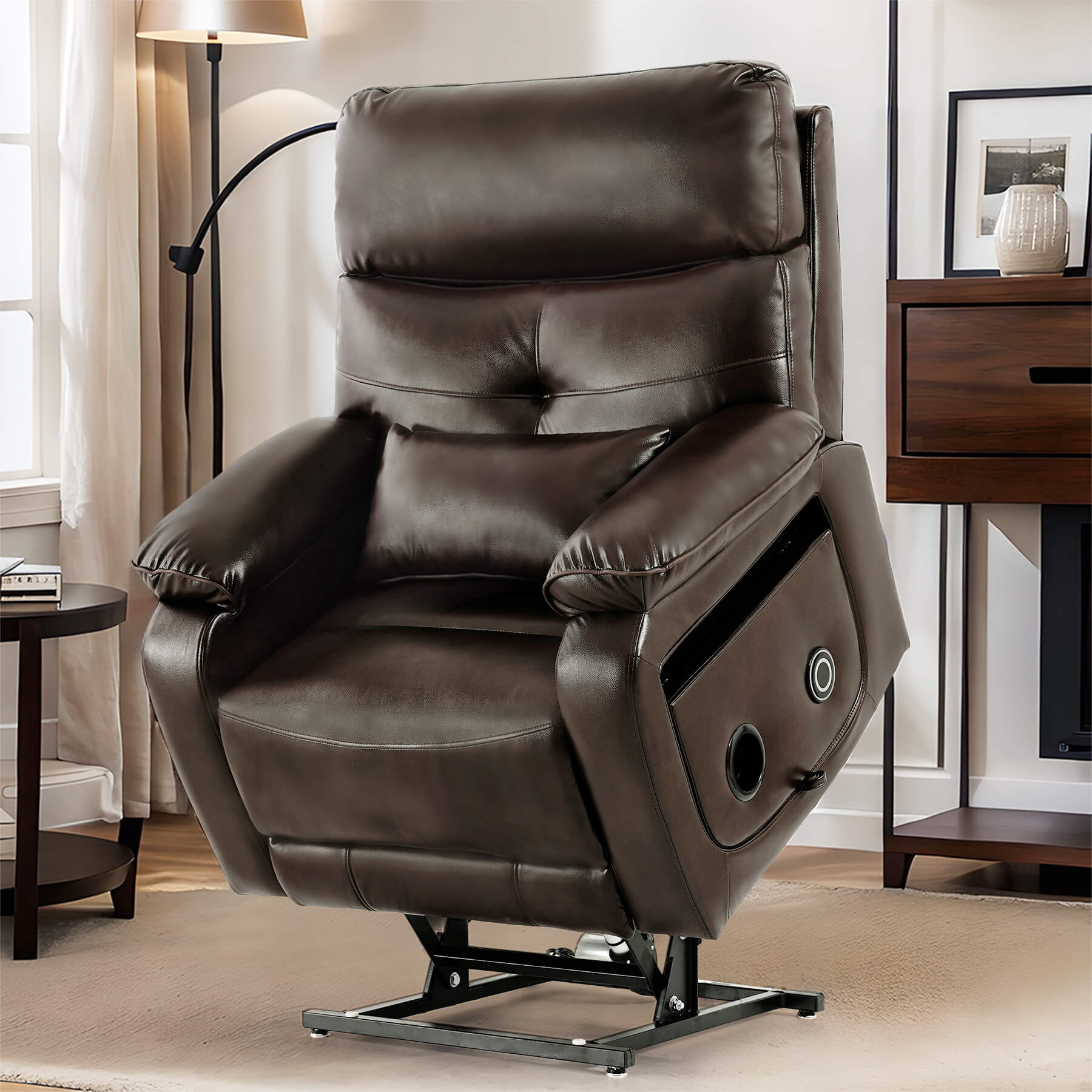 Asjmreye brown power lift recliner chair in uplifted position.