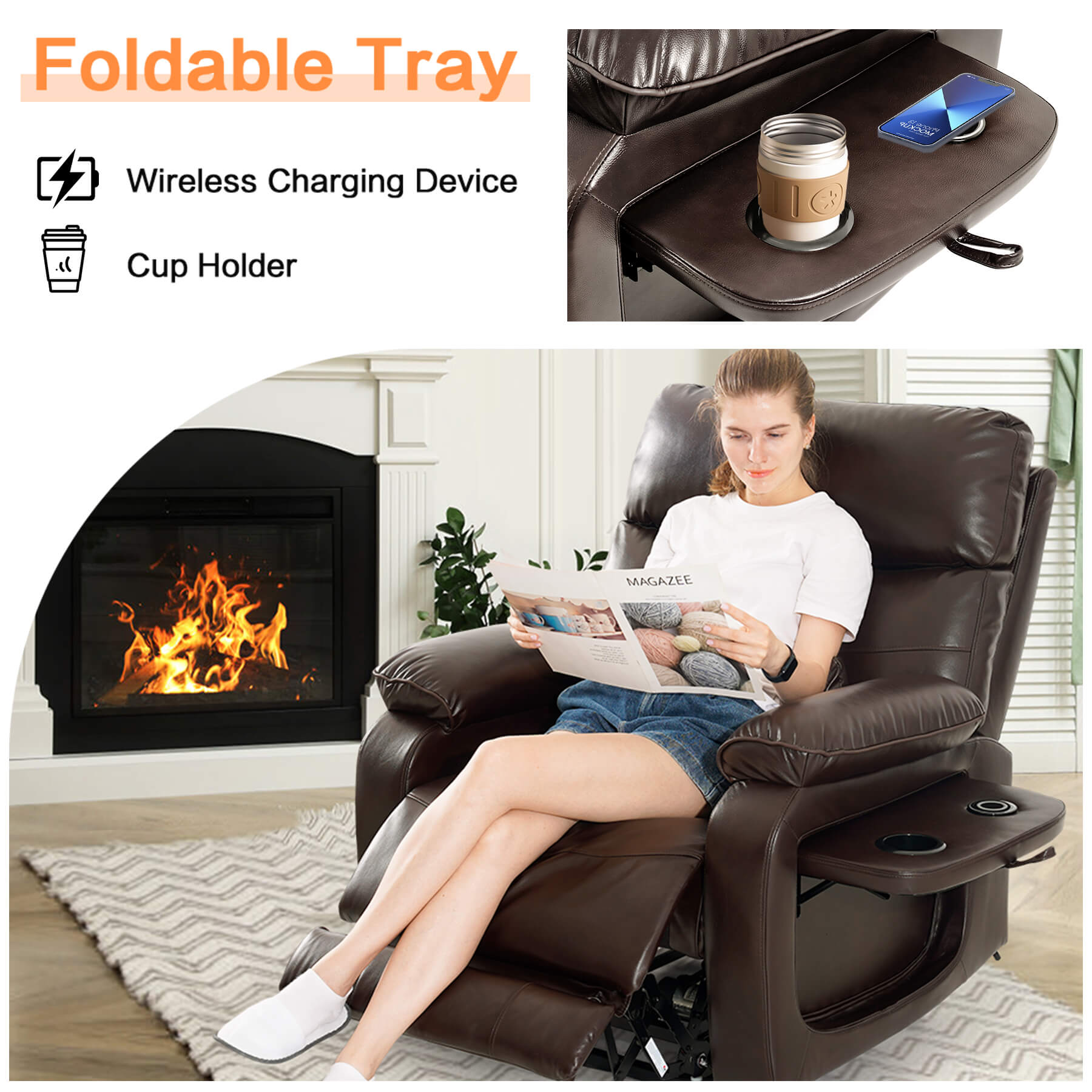 A lady sits on the recliner chair and reads a magazine. The foldable side table holds drinks and provides wireless charging for cell phones.