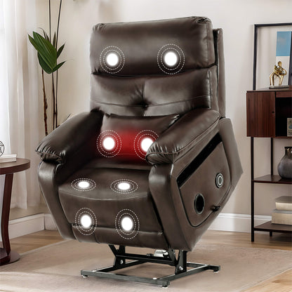 Infinite position lift recliner chair with wireless charger and cup holder, vibration massage and lumbar heating, brown leather.