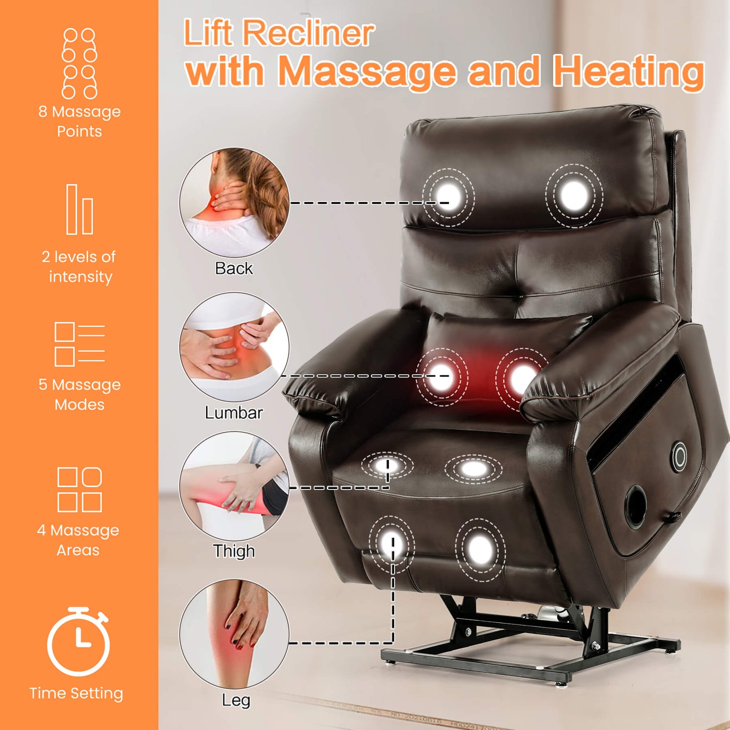 This infinite position recliner has a vibration massage and lumbar heating with two intensities, 5 modes and can be timed.