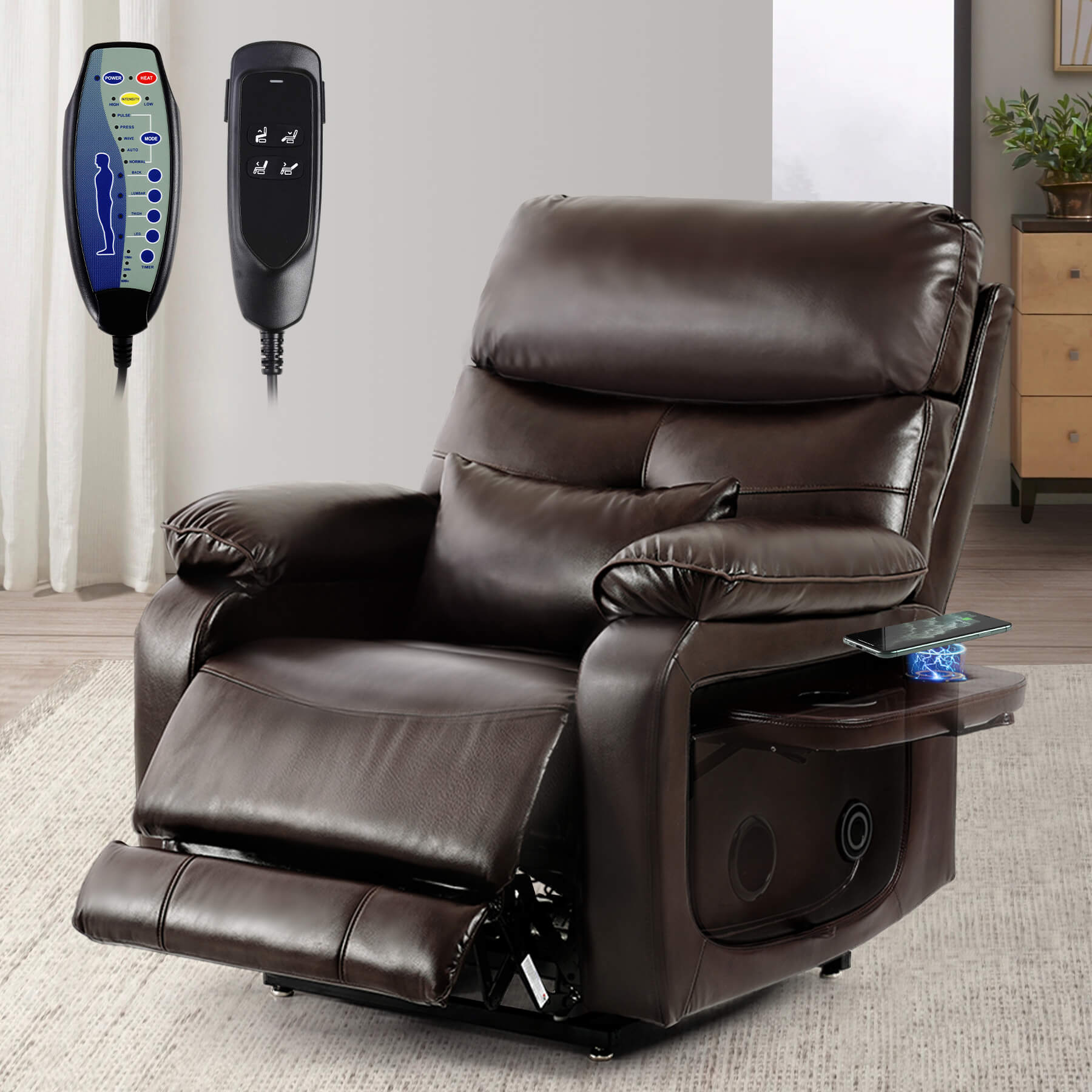All the functions of the power lift chair are operated with the remote control. And the table on the left side can be pulled out to put drinks and charge your cell phone.