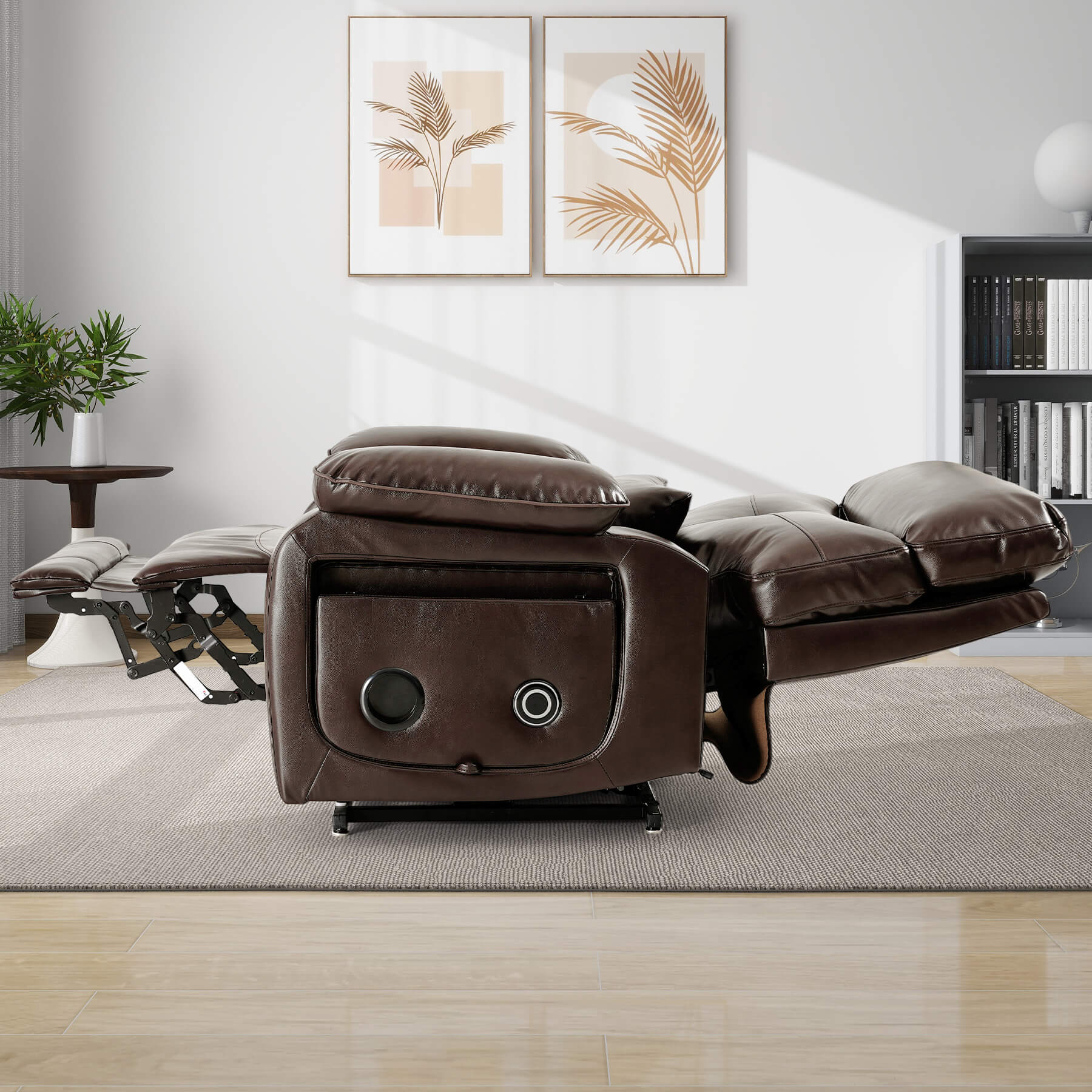 Brown leather power recliner in a flat state.