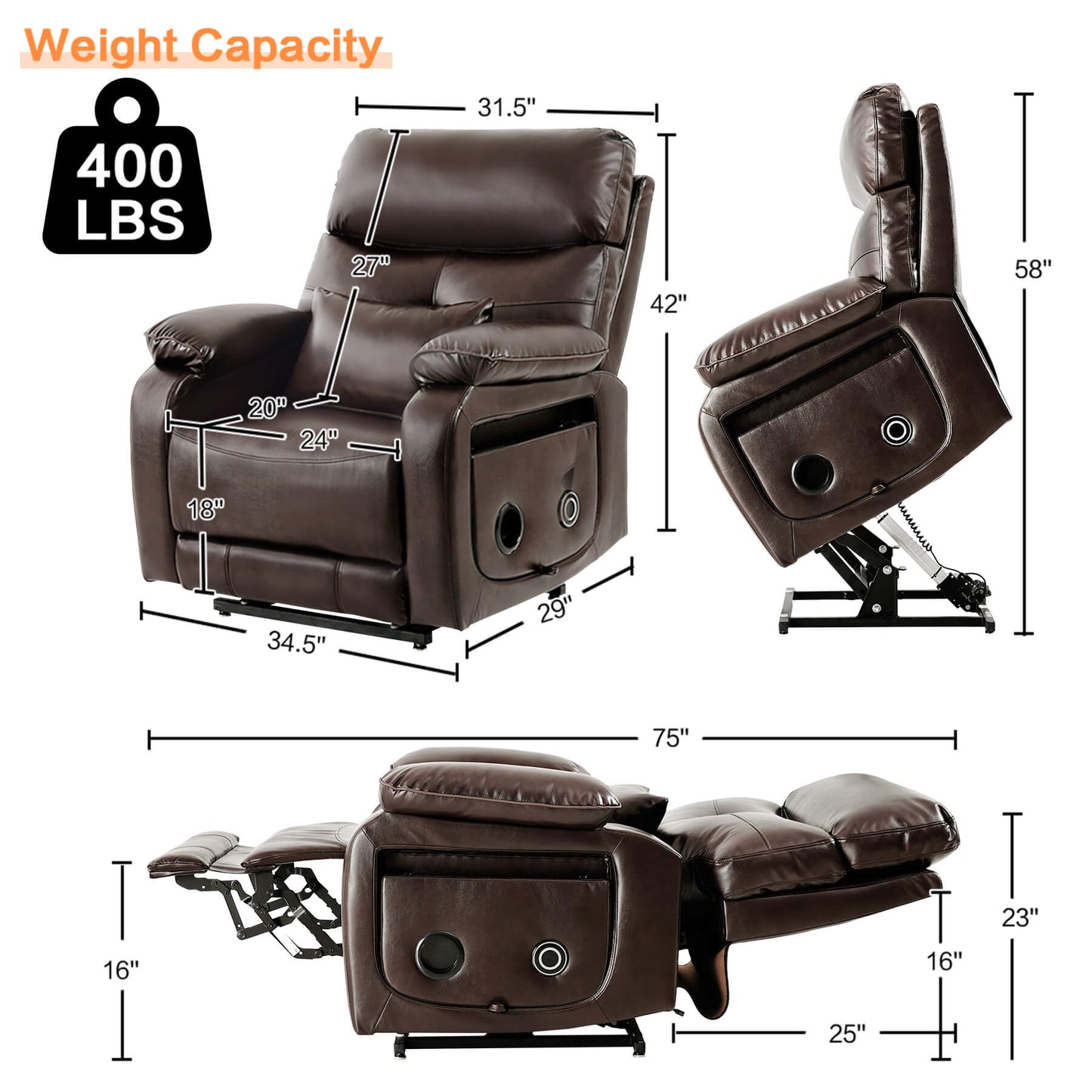 Infinite Position Power Lift Chair with Wireless Charging Station, Brown. Overall dimensions: 34.5 x 29 x 42 inches. Weight capacity: 400 lbs.