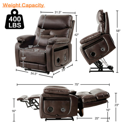 Infinite Position Power Lift Chair with Wireless Charging Station, Brown. Overall dimensions: 34.5 x 29 x 42 inches. Weight capacity: 400 lbs.