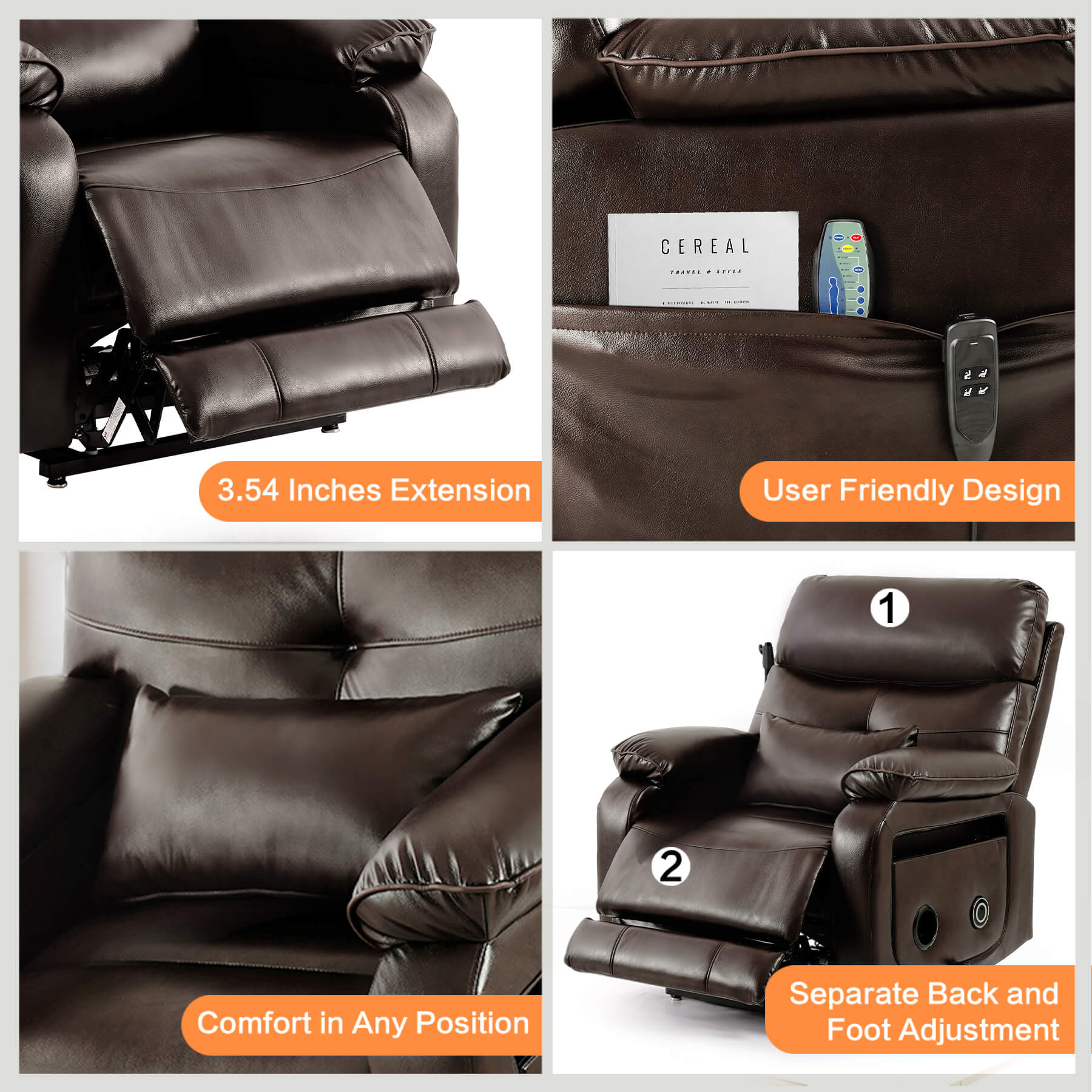 Details showcase of brown recliner: 3.54-inch extended footrest, side pockets, thick padding, separate footrest and backrest.