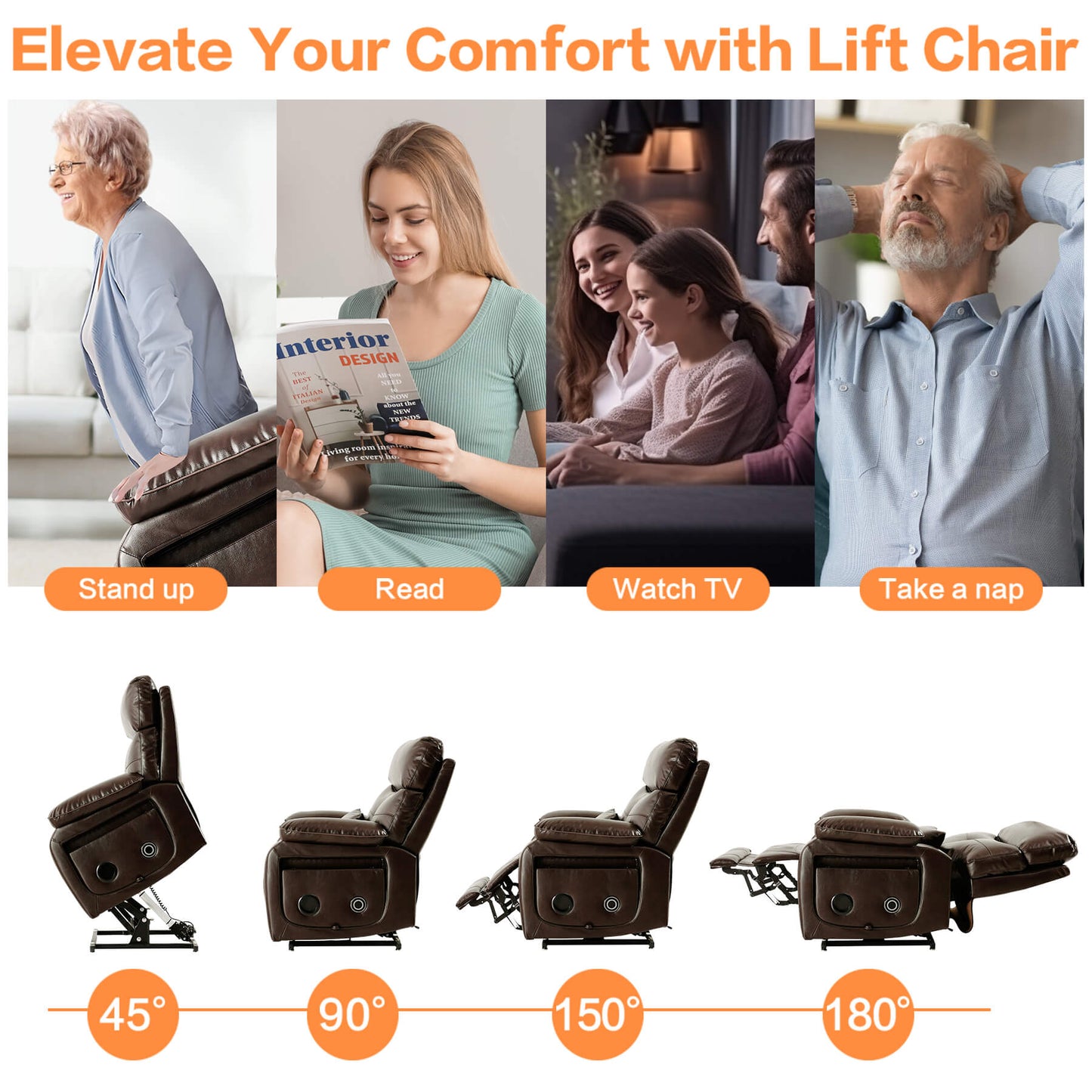This electric lift recliner will enhance your comfort. Great for reading, watching TV or sleeping and assists with standing and lying down.