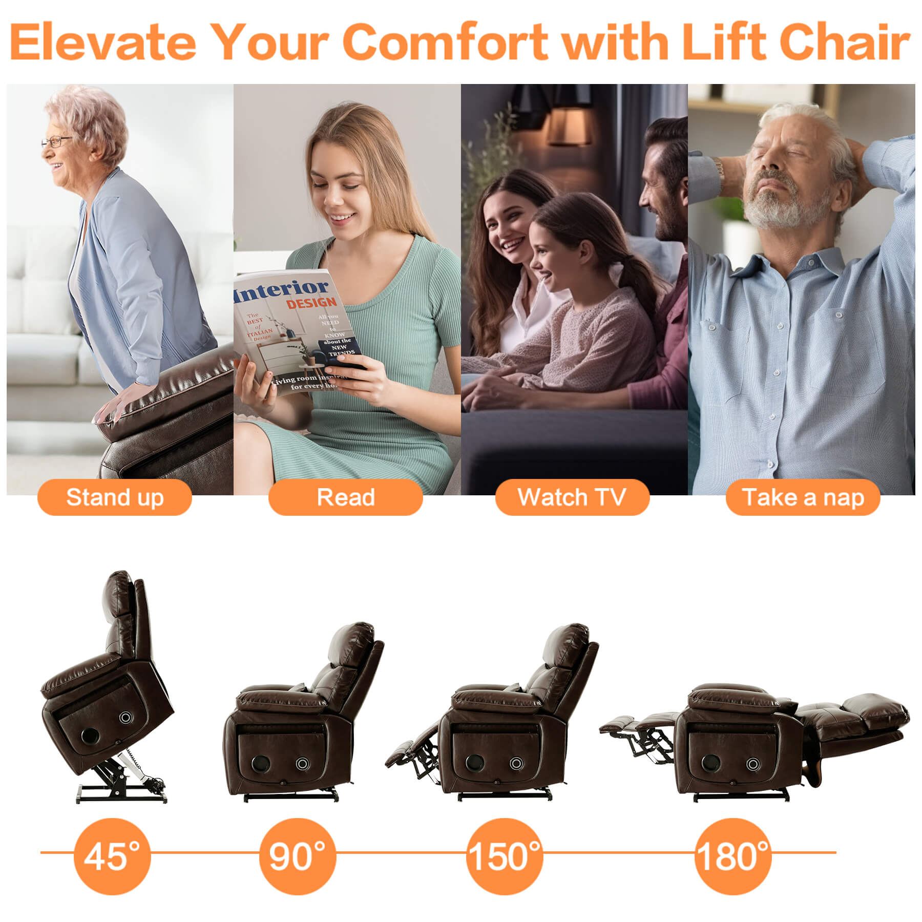 This electric lift recliner will enhance your comfort. Great for reading, watching TV or sleeping and assists with standing and lying down.