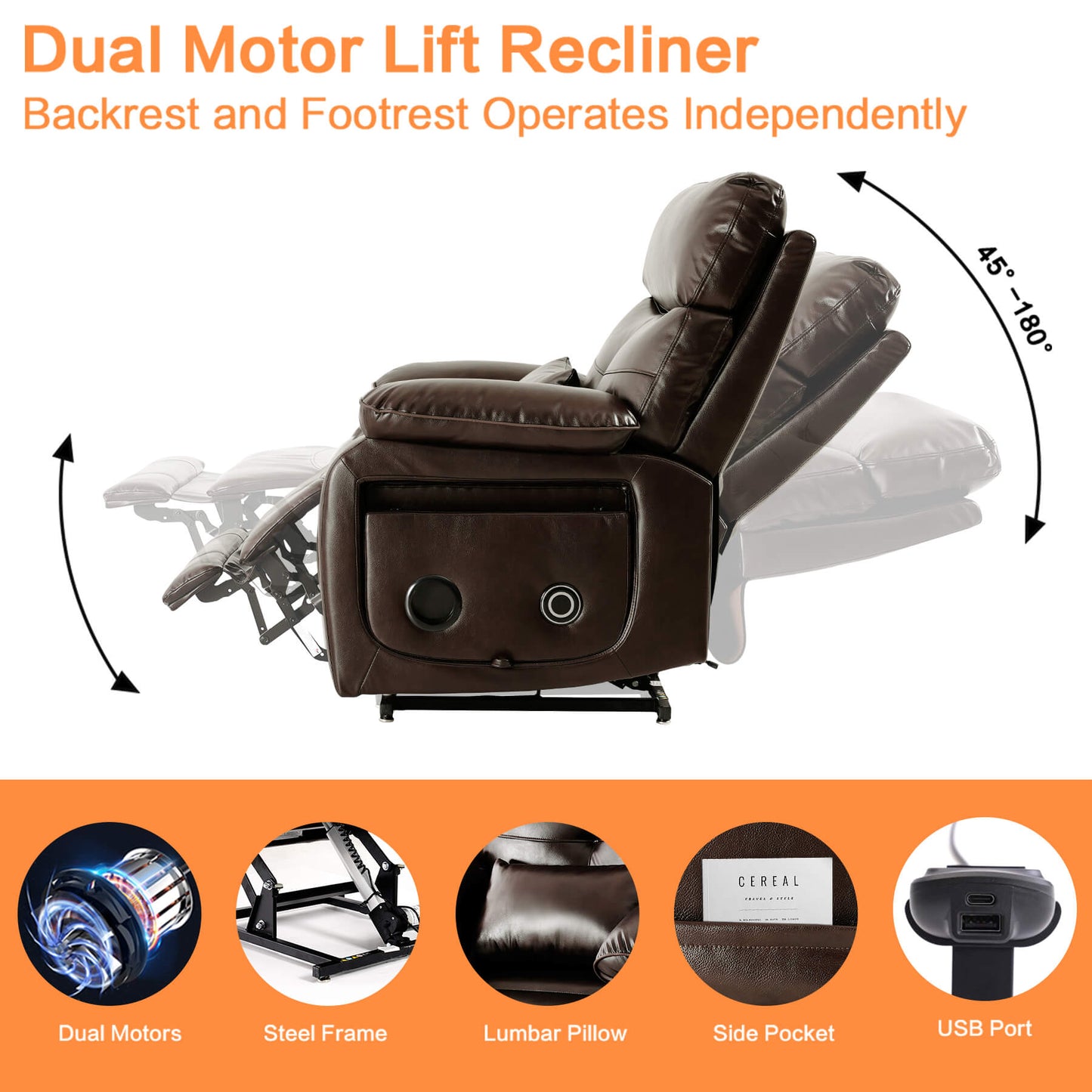 Dual motor lift recliner with independent operation of backrest and footrest. It has a lumbar pillow, side pockets and USB port.
