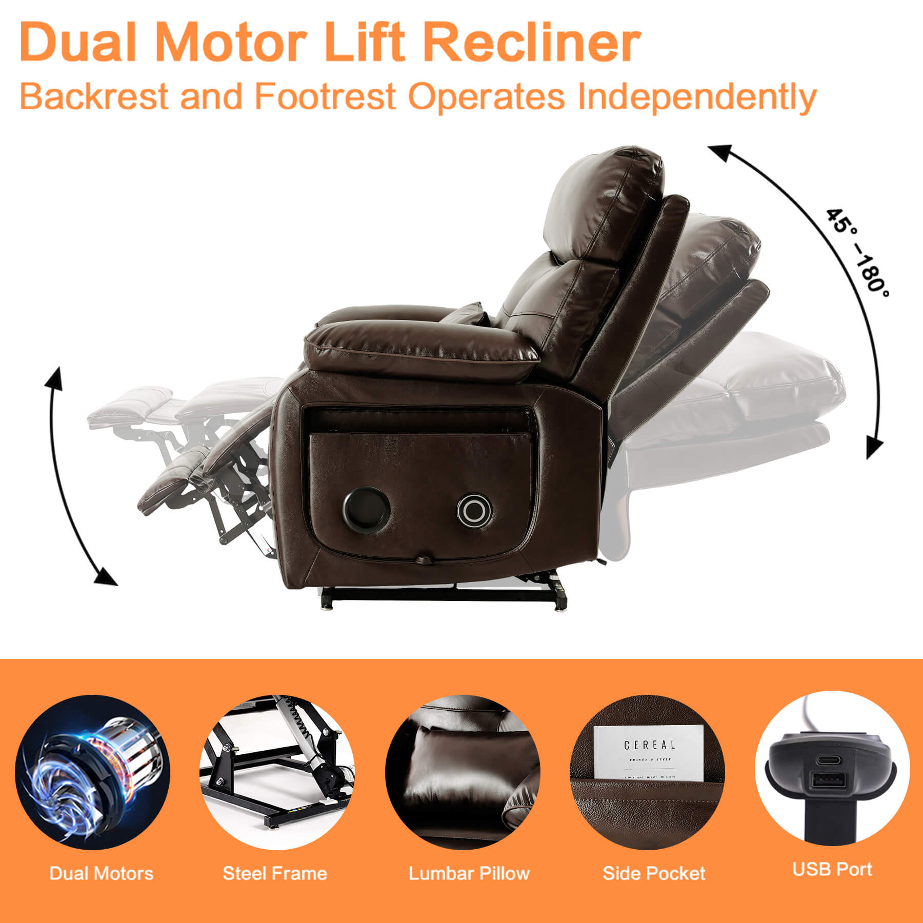 Dual motor lift recliner with independent operation of backrest and footrest. It has a lumbar pillow, side pockets and USB port.