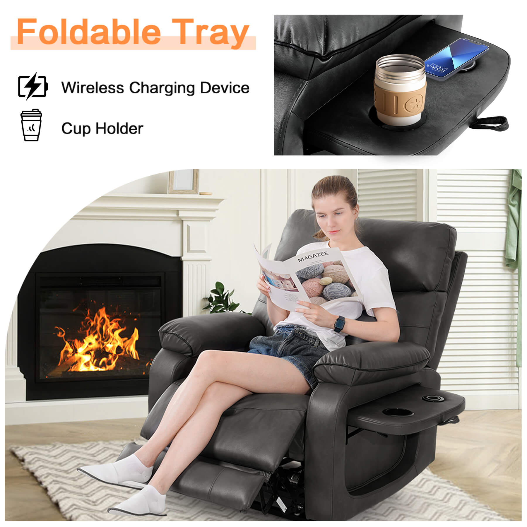 A lady sits on the recliner chair and reads a magazine. The foldable side table holds drinks and provides wireless charging for cell phones.