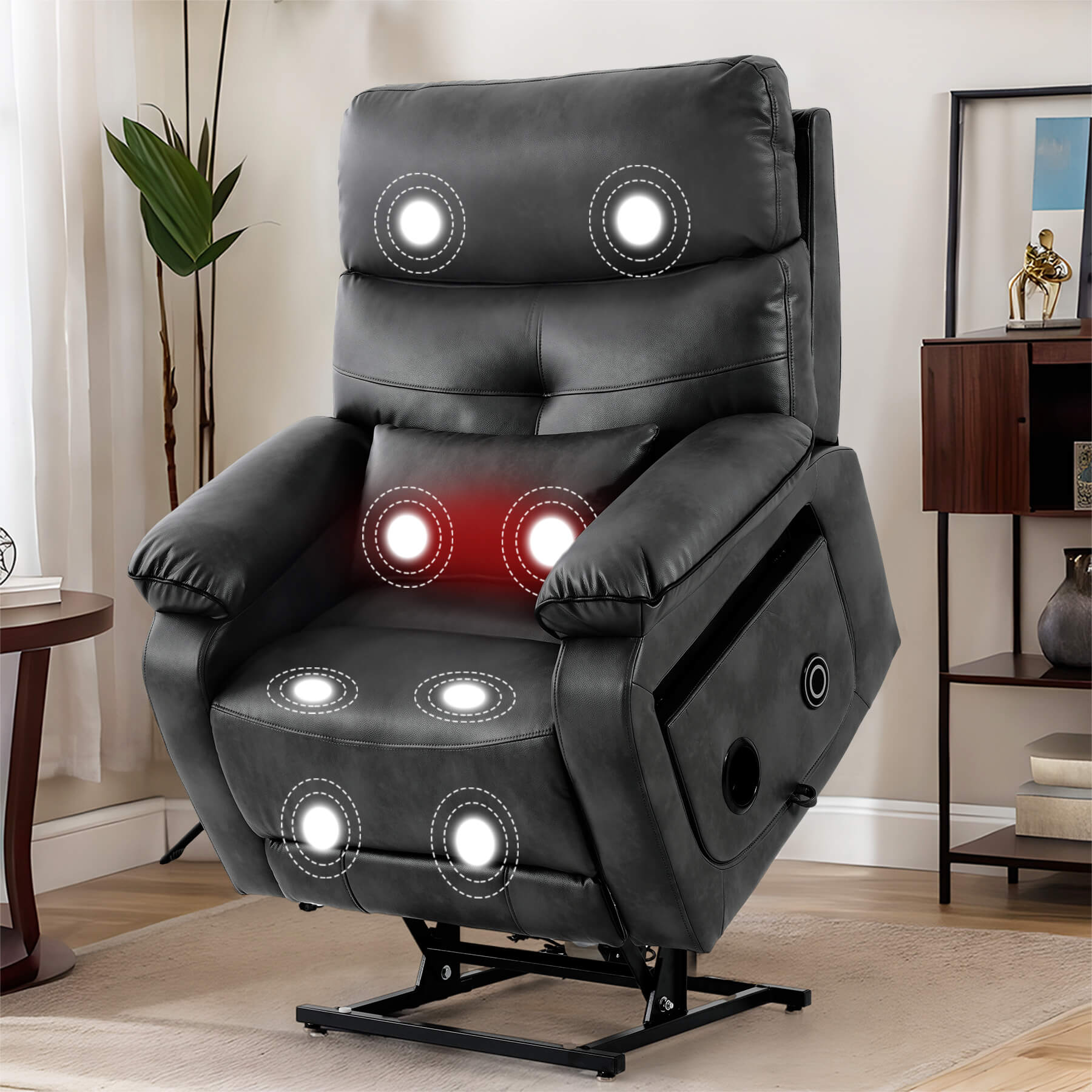 Infinite position lift recliner chair with wireless charger and cup holder, vibration massage and lumbar heating, gray leather.