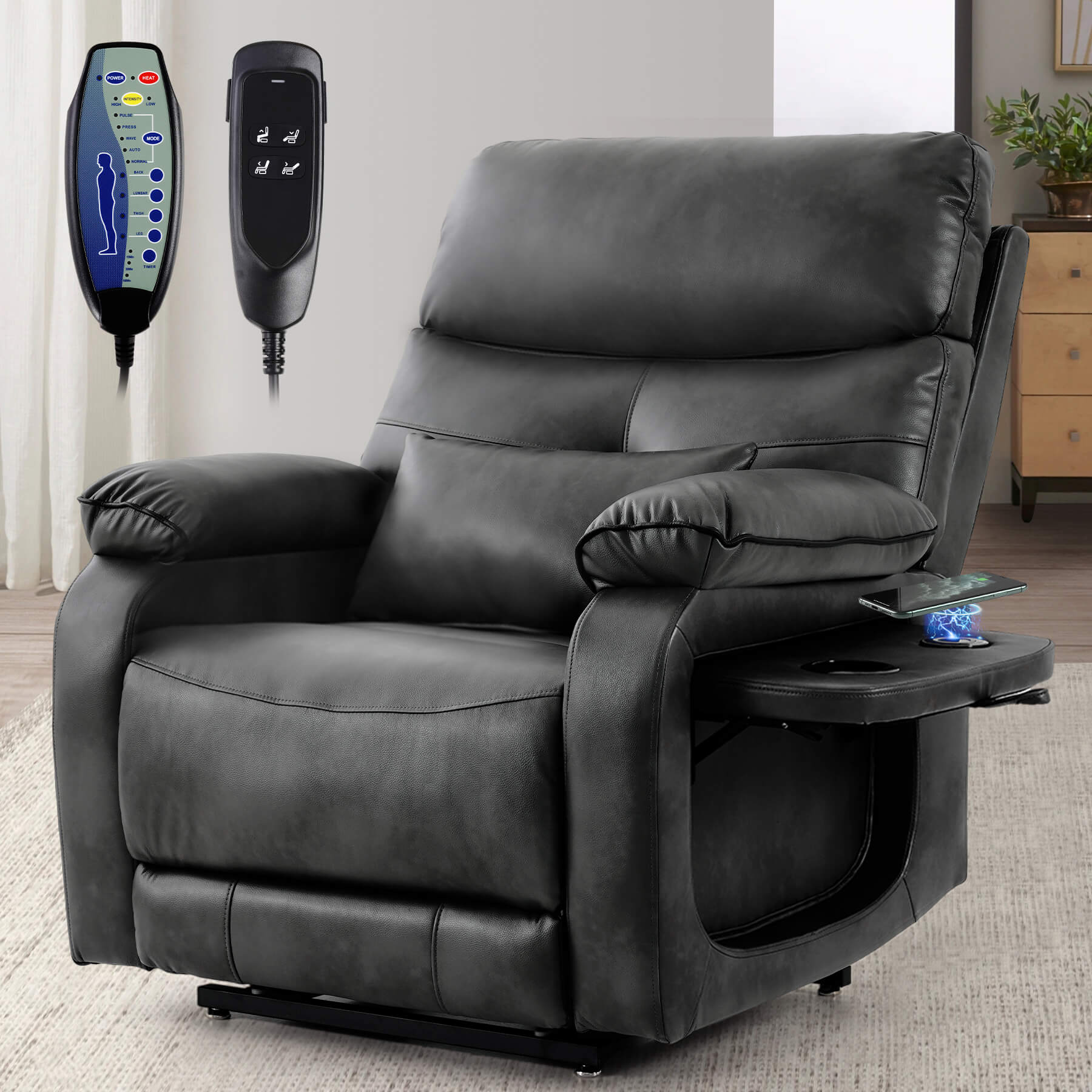 All the functions of the power lift chair are operated with the remote control. And the table on the left side can be pulled out to put drinks and charge your cell phone.
