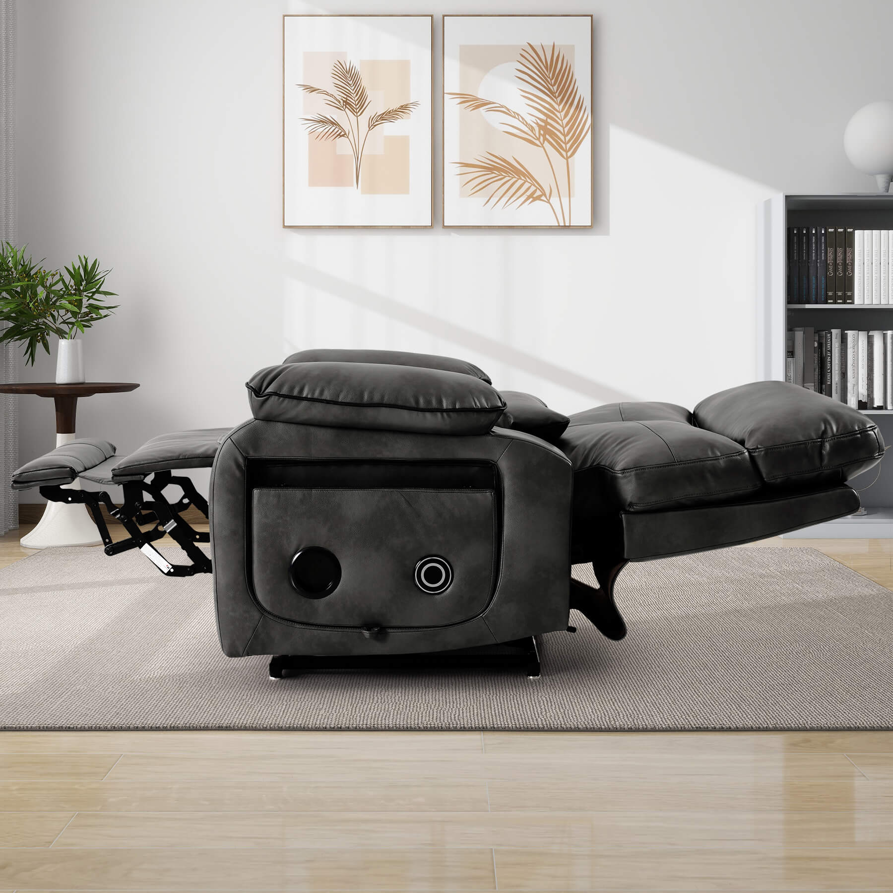 Gray leather power recliner in a flat state.