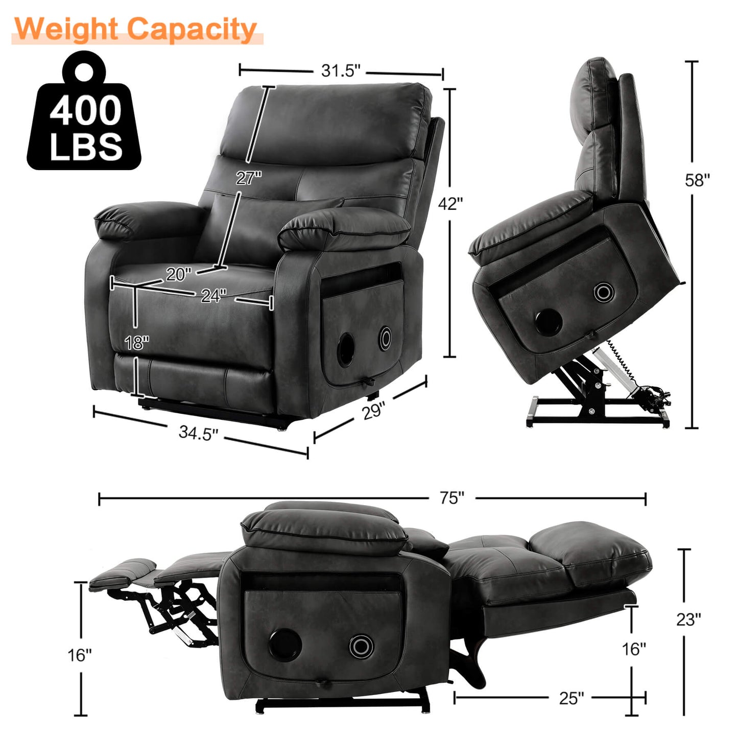 Infinite Position Power Lift Chair with Wireless Charging Station, Gray. Overall dimensions: 34.5 x 29 x 42 inches. Weight capacity: 400 lbs.