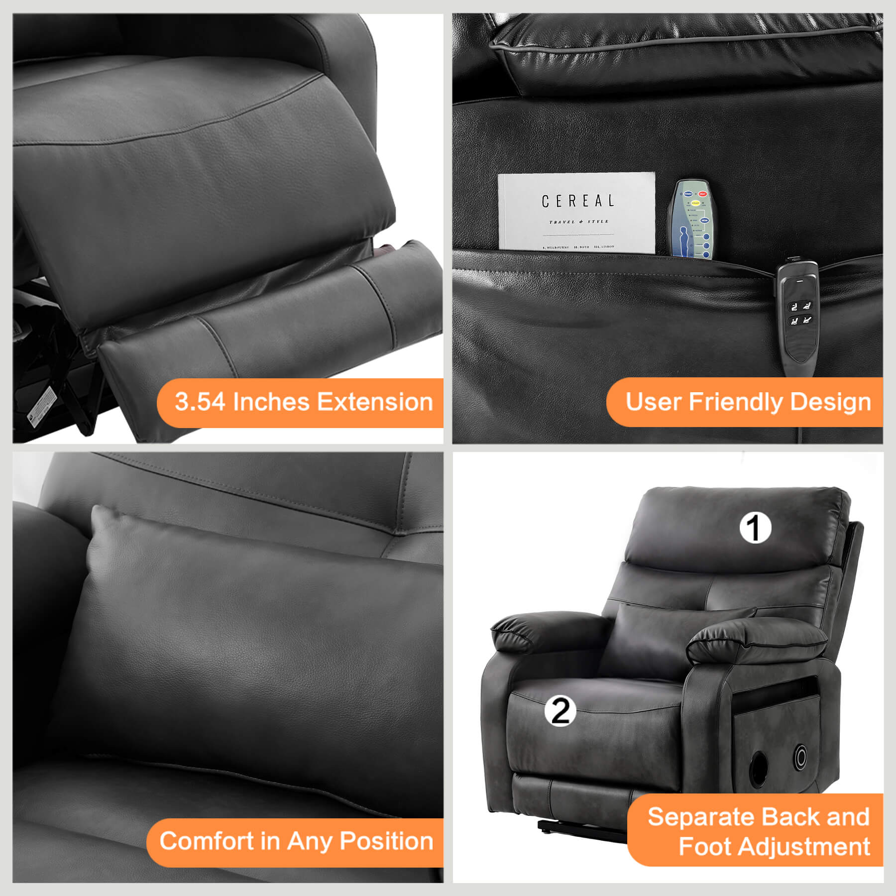 Details showcase of gray recliner: 3.54-inch extended footrest, side pockets, thick padding, separate footrest and backrest.